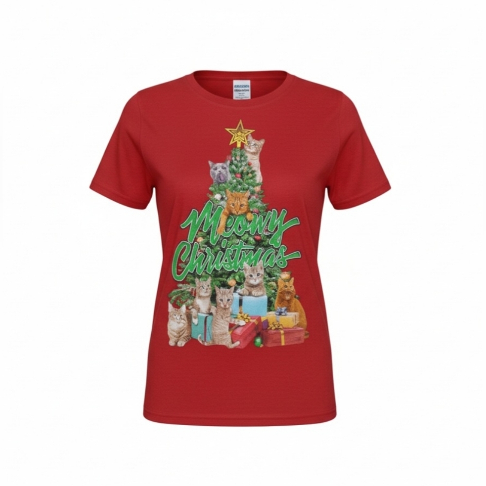 Festive Red Cat Christmas T-Shirt